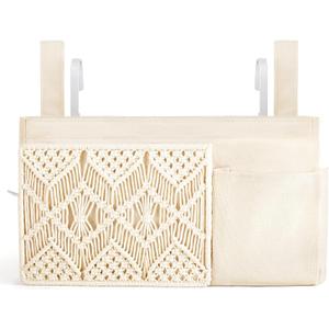 Mkono Bedside Caddy Hanging Organizer, Boho Macrame Storage with Fixed Straps and Hooks, 4 Pockets Holder Remote Magazine Accessories for Home Loft Bunk Bed, Dorm, Hospital Beds