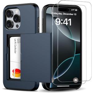 for iPhone 16 Pro Wallet Case with Card Holder + 2 Tempered Glass Screen Protector Protective Shockproof Hidden Card Slot Slim Case Women Men iPhone 16 Pro 6.3 2024 (Blue)