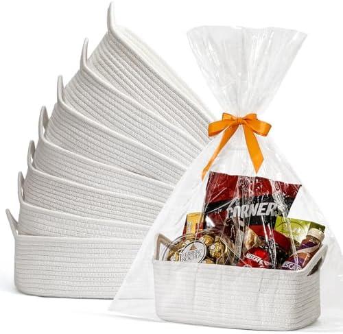 8 Pack Cute Woven Basket with Gift Bags and Ribbons, 12"x 8"x 5", Empty Decorative Gift Chest Box, Valentines Day Gifts Small Basket, Baby Gift Basket for Nursery, Cotton Rope Basket with Handles