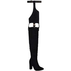 DETOGNI Women's Fashion Over The Knee Belted Pointed Toe Long Boots Sexy Buckle Strap Side Zipper Block Heels ​Thigh High Boots (Black US9)