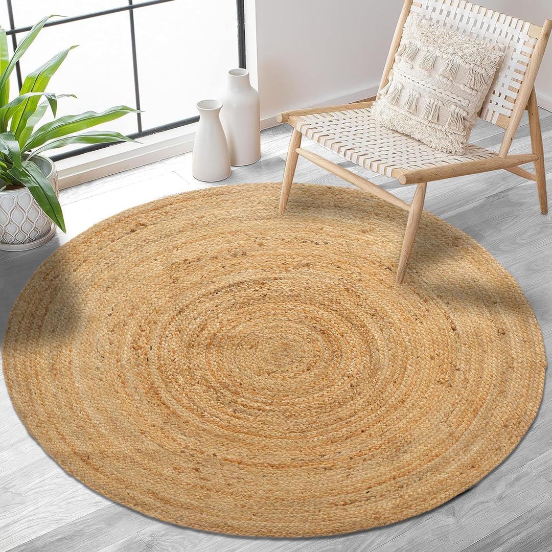 Hand Woven Jute Area Rug - 5' Round - Rustic Beige Reversible Farmhouse Rugs for Bedroom, Kitchen, Living Room - Vintage Natural Braided Entry Floor Dcor Circle Boho Round Jute Rug 5 Foot