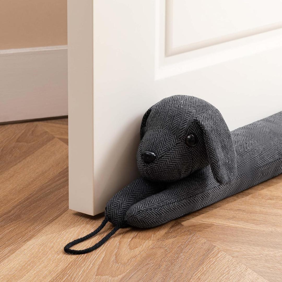 habibee 38'' Door Draft Stopper for Bottom of Door, Avoid Noise or Cold Air, Cute Grey Dog Draft Blocker for Window, Decorative Soundproof with Hanging Loops for Sweet Home, Heavy Duty 2.2 Pounds