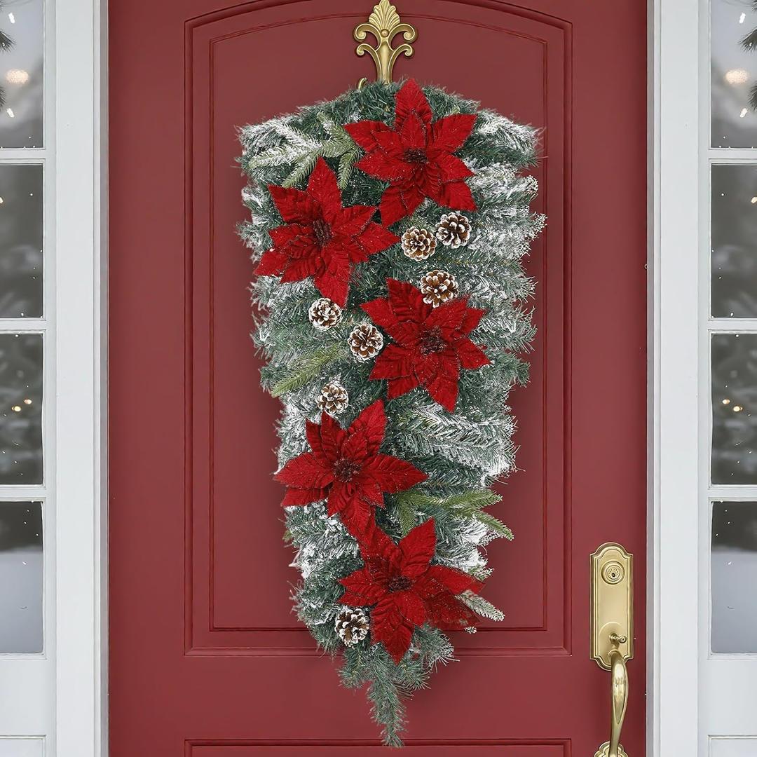Yunlly 36" Christmas Teardrop Swags for Decorating Outdoor, Garland Christmas Swag Wreaths Ornament Snowy Pine Cone Velvet Poinsettia Wall Hanging for Front Door Indoor Outdoor Stair Window(Burgundy)
