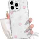 NITITOP Compatible with iPhone 16 Pro Max Case Clear Cute for Women Girls Glitter with 3D Bowknot Pattern Pearl Design Bling Sparkly Protective Phone Cover - Pink