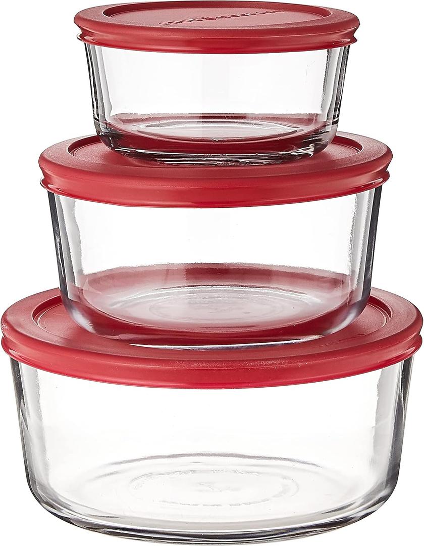 Anchor Hocking Classic Glass Food Storage Containers with Lids, Red, 6-Piece Set, Model Number: