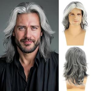 Baruisi Mens Wig Grey Long Straight Synthetic Heat Resistant Costume Cosplay Hair Wig, 10 x 7 x 1 inches