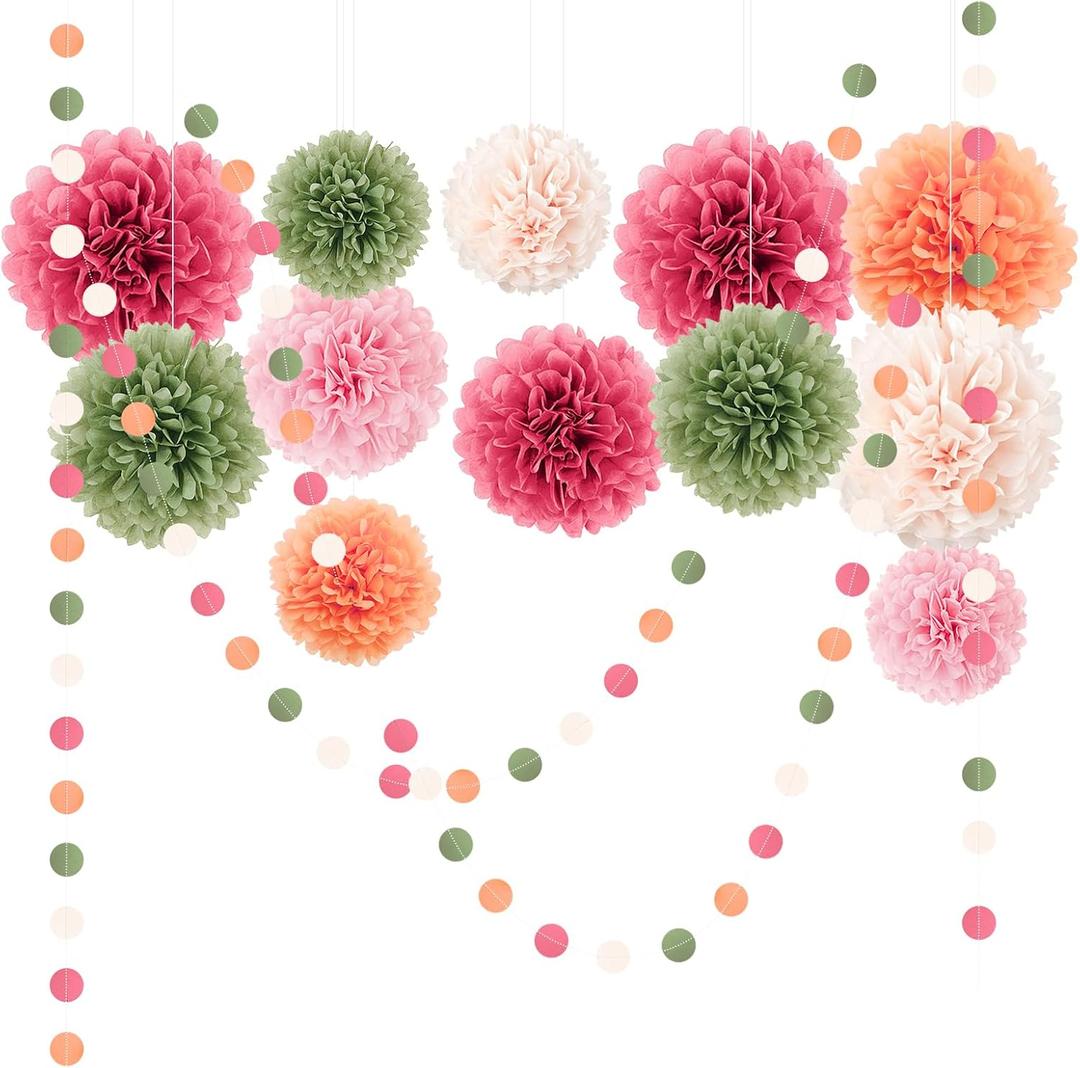 NICROLANDEE Wedding Party Decorations - 15Pcs Pink, Sage Green, Ivory Tissue Paper Pom Pom for Birthday Pastel Decorations, Engagement Baby/Bridal Shower Anniversary Valentine Dot Paper Backdrop Decor (Bloom)