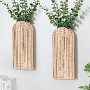 Wooden Wall Planter Vase Set of 2, Boho Hanging Planter for Indoor Plants & Flowers, Natural Wood Wall-Mounted Planters for Art Home Decor - Living Room, Bedroom, Bathroom, Patio (Natural Wood)