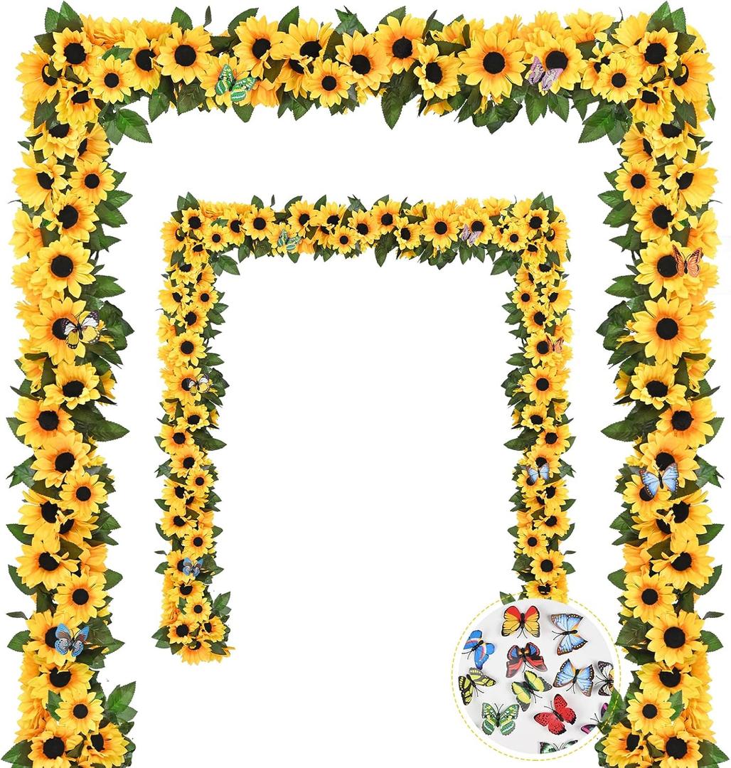 8 Pack Artificial Sunflower Garland Decor, Sunflower Vines Hanging Flowers Garland with Green Leaves, Fake Yellow Floral Vines Room Wedding Party Decoration