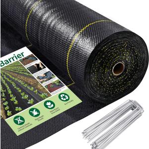 UPGRADE 5ft x 300ft Premium Weed Barrier Landscape Fabric, 3.5oz Heavy Duty Garden Woven Ground Cloth with Superior Permeability Weed Control Includes 90 Staples