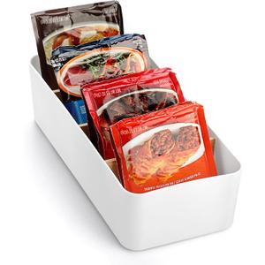 BSTKEY Seasoning Packet Organizer, Food Storage Organizer with Divided 4 Bamboo Wood Compartments, Plastic Storage Caddy for Kitchen Pantry Cabinet, Kitchen Organization Bin for Snacks Spice Packets (White)