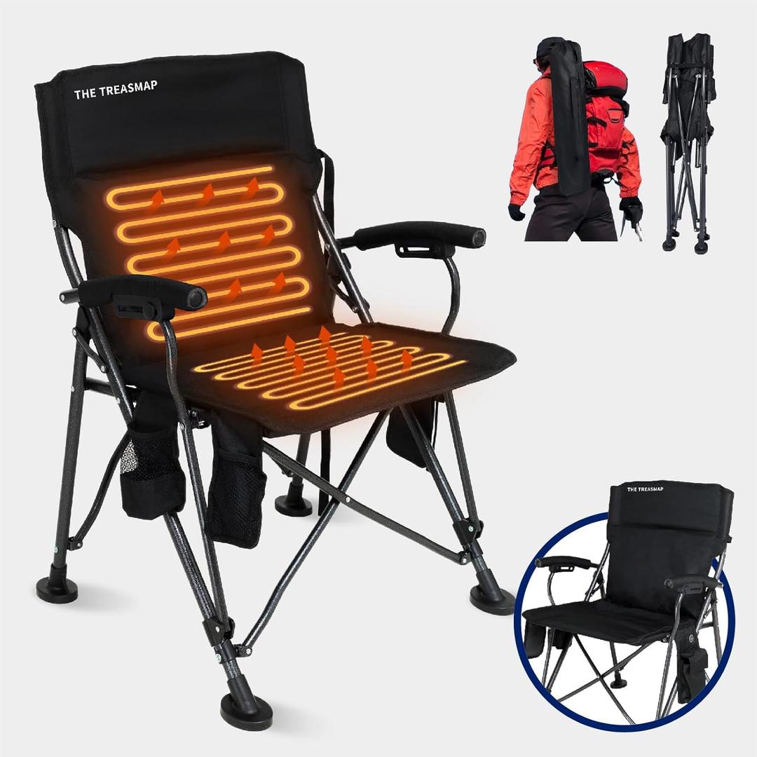 Heated Camping Chairs Adults Folding: Oversized Foldable Outdoor Chair for Outsides with Cup Holder  Heavy Duty Heating Portable Chair Sports Fishing Soccer Lawn Battery NOT Included (Black, X Large)