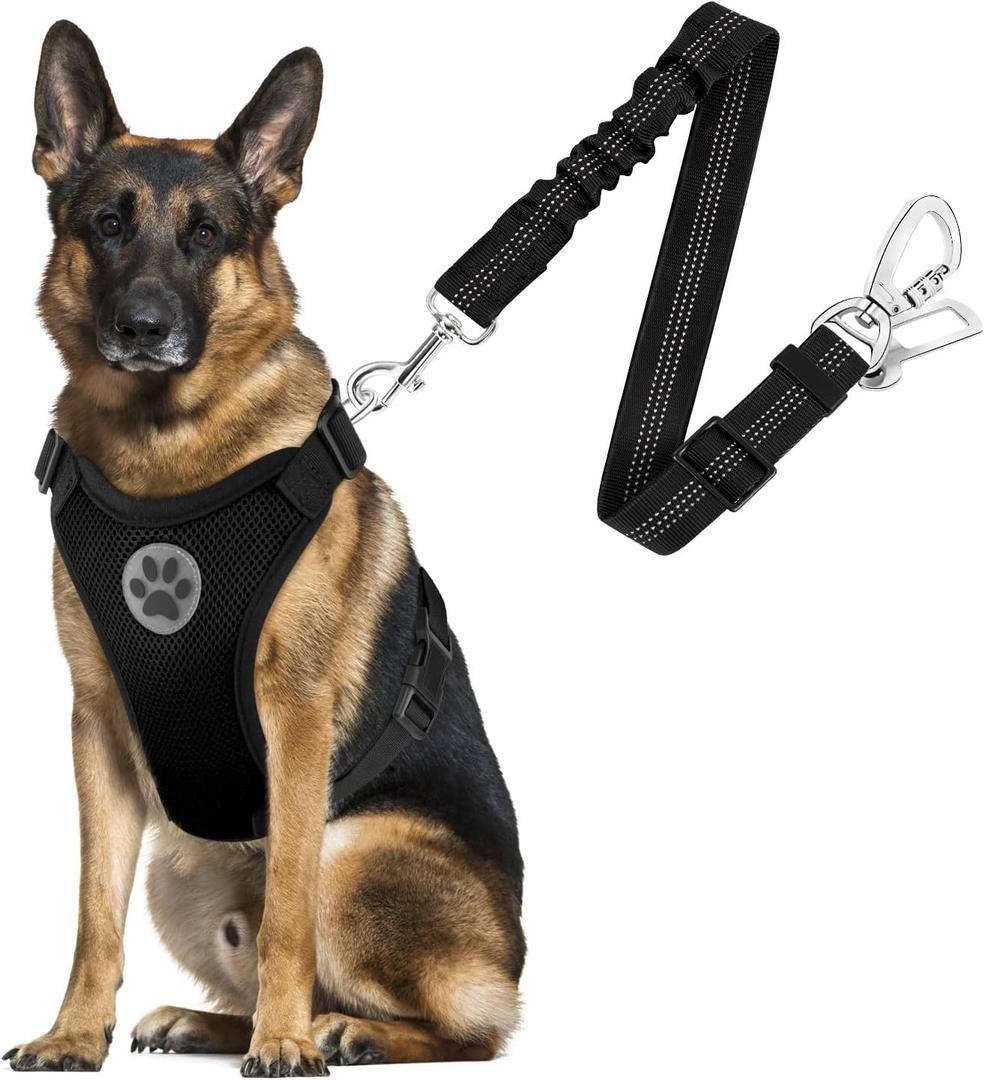 SlowTon Dog Seat Belt Harness for Car, Dog Car Harness Adjustable Mesh Breathable & Dog Seatbelt Safety Tether with Elastic Bungee for Small Medium Large Pets(Black, Double Clip, L)