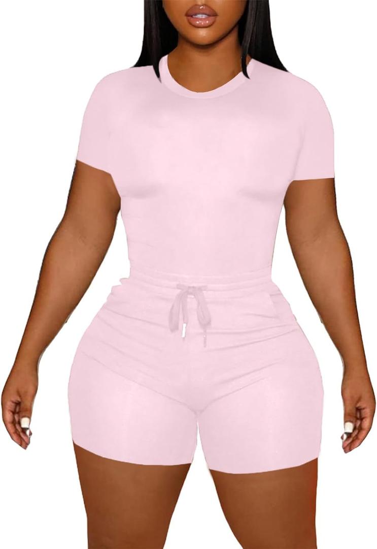 LovelyWholesale Short Sets for Women Summer 2 Piece Outfits Casual Workout Sets Pink X-Large (Pink, XL)