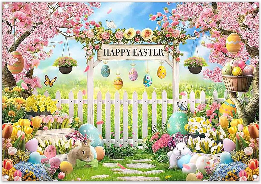 ZTHMOE Fabric 7x5ft Happy Easter Photography Backdrop Rabbit Colorful Eggs Floral Garden Background Kids Newborn Party Decoration Festival Photo Banner Booth