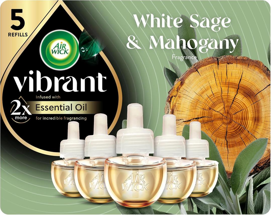 Air Wick Plug in Scented Oil Refill, 5ct, White Sage & Mahogany, Air Freshener, Essential Oils