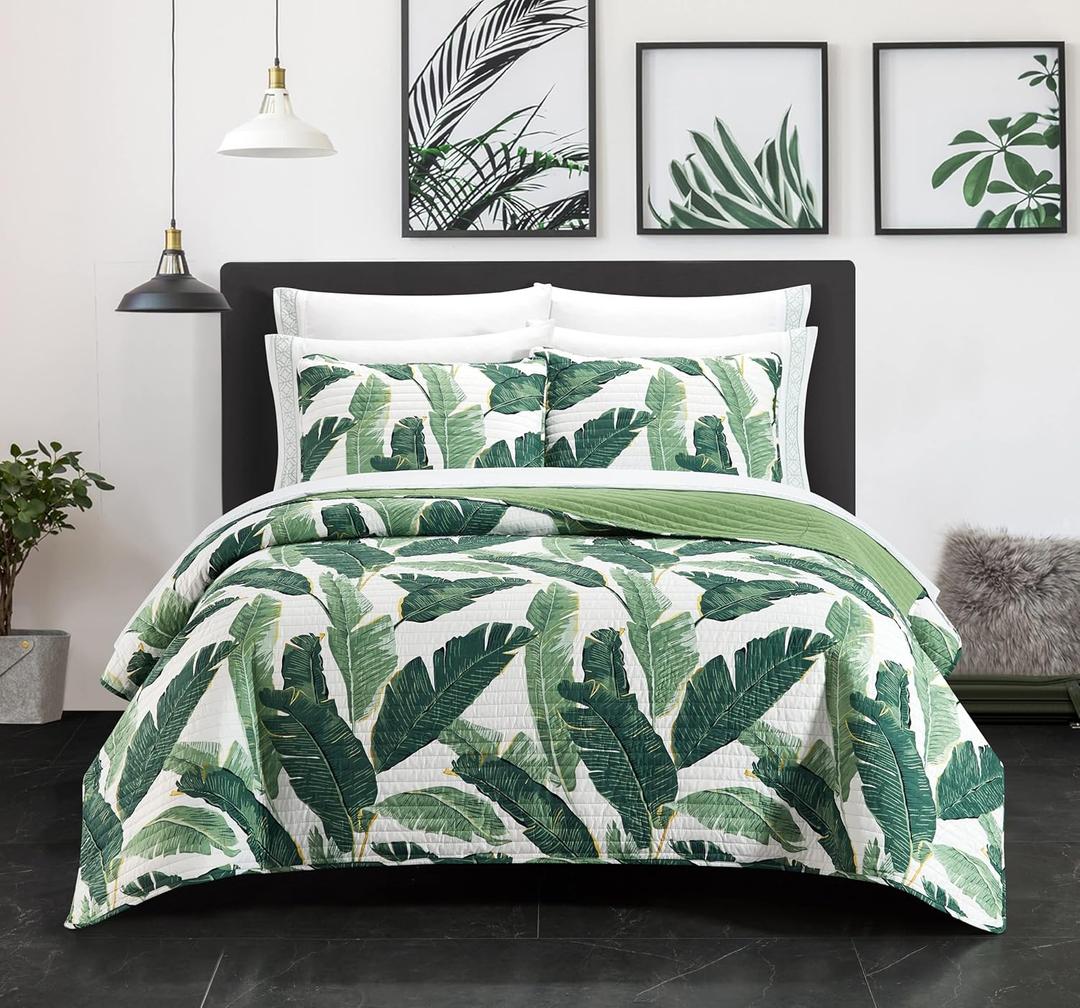 Chic Home Palm Springs 9 Piece Quilt Set Stitched Palm Tree Print Bed in A Bag - Sheet Set Decorative Pillow Shams Included, Queen, Green