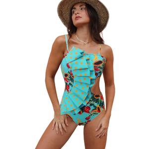 SPORLIKE Women One Piece Swimsuit Flounce Swimwear Hole Out Bathing Suit Padded Monokini (Blue, L)