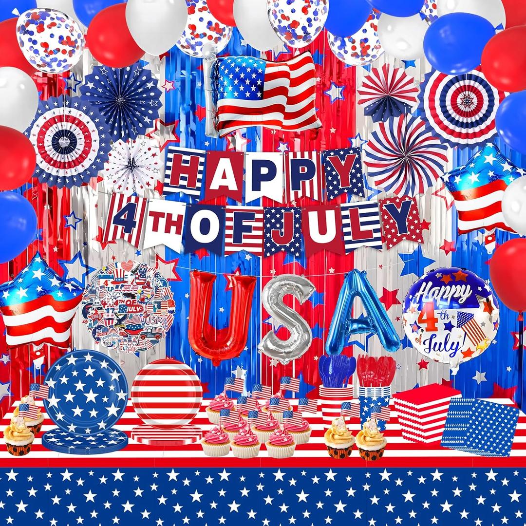 YQUQWN, 171 Pcs 4th of July Decorations, Red White Blue Balloons, Curtains, Paper Fans, Banners, Tablecloths, Plates, Stickers for Fourth of July Decorations, Patriotic Independence Day Party Supplies