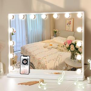 COOLJEEN Vanity Mirror with Lights and Bluetooth, Hollywood Makeup Mirror with 15 Dimmable LED Bulbs and USB Charging, 3 Color Modes Lighted Vanity Mirror, Tabletop/Wall-Mount (Shatterproof Glass) (White)