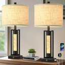 TOBUSA 26 Farmhouse Table Lamps for Living Room with Crystal Night Light Set of 2, Modern Nightstand Lamps with 2 USB Ports, Vintage Home Decor Black Bedside Lamps with Linen Shade for Bedroom