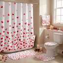 Moukeren 6 Pcs Valentine's Day Bathroom Decor, Valentines Shower Curtain and Rug Sets, Red Heart Shower Curtain 72x72 Inch, U-Shaped Toilet Lid Cover, 2 Towels & 8 Hooks, Romantic Bathroom Decor