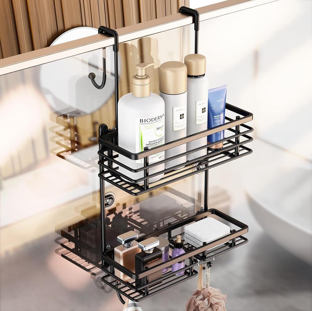 Shower Caddy Over Door, Shower Hanging Organizer, No Drilling Over the Door Shower Storage Caddy with 2-Tier Rack and Hooks, Holds Body Wash, Shampoo, Soap, Razor, Towel, Bathroom Rack Black