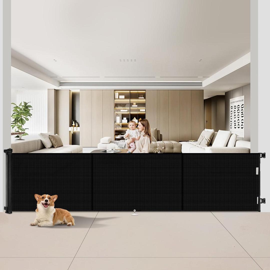 Upgrade 200 inch Retractable Baby Gates Extra Wide with Reinforced Strip Design to Prevent Crawling Through, 200" Retractable Dog Gate, 48" Tall, Retractable Gate for Indoor/Outdoor (Black)