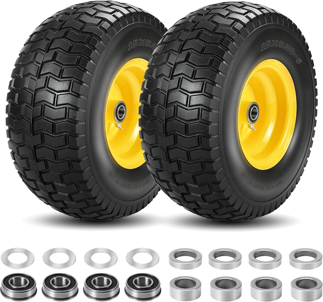 2 Pcs 15x6.00-6 Flat Free Lawn Mower Tire and Wheel, 15x6-6 Front Tire, with 3/4" Bearing (extra 5/8" Bearings), 3-4.4" Centered Hub, Fits Riding Mower & Lawn Tractors, 500 lbs