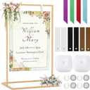 50" X 30" Adjustable Wedding Sign Stand, Linen Sign Stand, Gold Welcome Sign Holder Metal Easel With 6 Leather Hanging Strap 2 Square Water Bag 4 Magnetic Counterweight 4 Ribbon, Party Poster Display