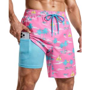Mens 7 Inch Swim Trunks with Compression Liner and Zipped Pocket Quick Dry Board Shorts Bathing Suit for Beach (Pink, XXL)