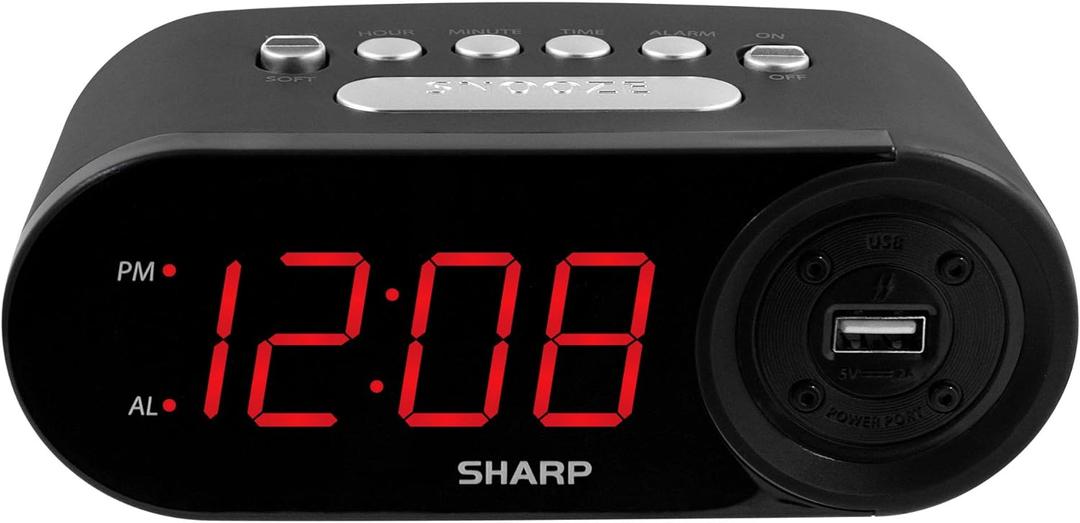 SHARP Digital Easy Read Alarm Clock with High-Speed USB Charging for Phones, Tablets - Simple Operation, Midnight Black (Black - Red Led)