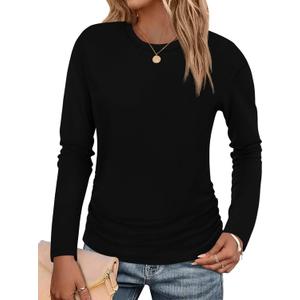 Tankaneo Womens T-Shirts Summer Long Sleeve 2025 Crew Neck Blouse Dressy Casual Ruched Slim Fit Trendy Tops