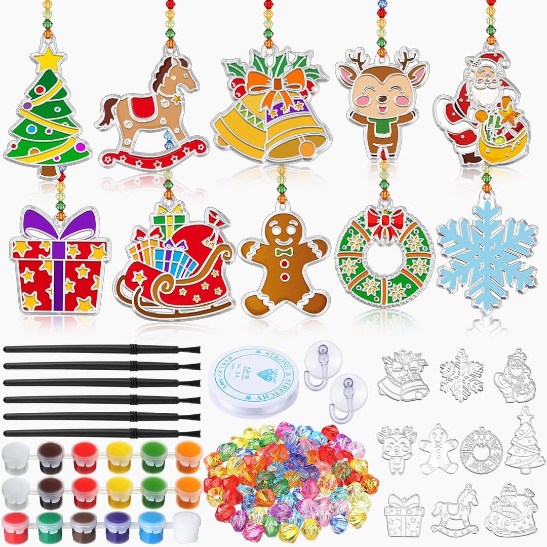 30 Sets Christmas Suncatchers Window Art Kits Xmas Santa Claus DIY Sun Catchers Crafts Bulk Paint Your Own Window Ornaments for Party Birthday Activity Home Decor