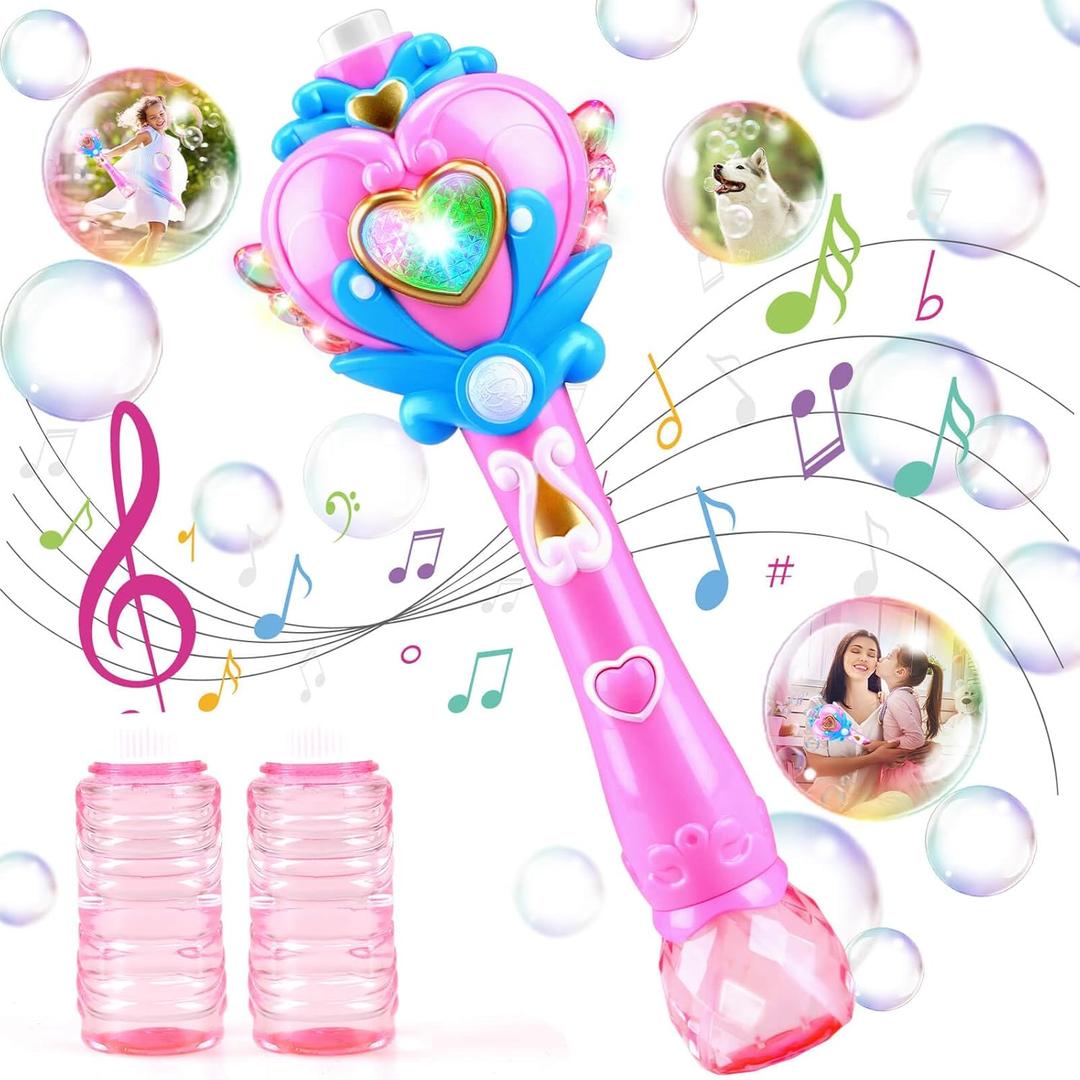 Toys for Girls: Princess Toy Bubble Wand, Birthday Gifts for 3 4 5 6 7 8 Years Old Girl, Bubbles Machine Fairy Wands for Kids Light Up with Bubble Solution, Toddler Girl Toys Age 4-5 (Pink)