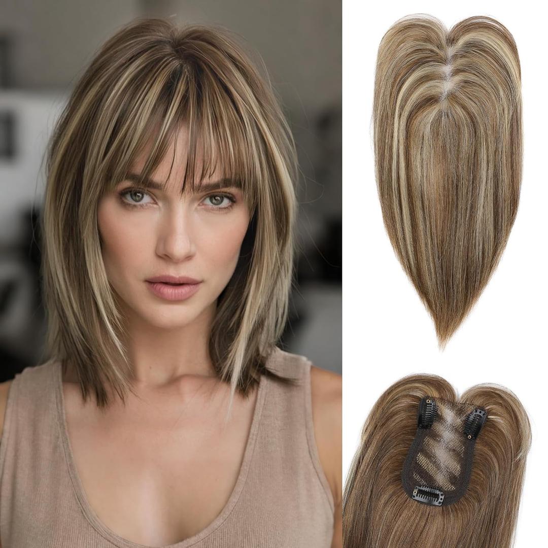 HOOJIH Hair Topper for Women with Thinning Hair 4x2.5inch Base Real Human Hair Topper with Bangs Handmade Invisiable Lace Front Topper - Medium Brown with Blonde Highlights