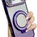 for iPhone Case,Electroplated Glitter Bling Sparkle Diamond Ring Bracket Mirror Magnetic Case for iPhone, Compatible with MagSafe Wireless Charging (iPhone 14 Plus,Purple)