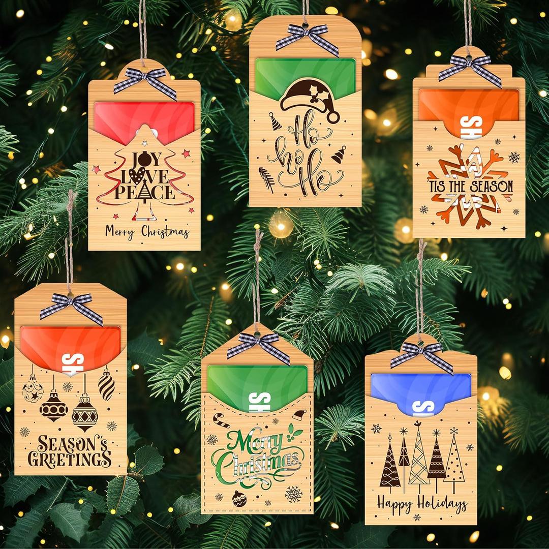Capoda 6 Pack Wooden Christmas Card Holders, Hanging Money Holder Ornaments for Tree, Stocking Stuffers & Party Favors, Fits Standard Gift Cards, Festive Holiday Decor