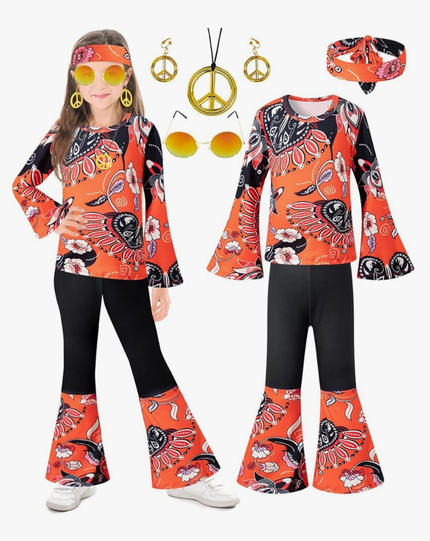 60s 70s Outfits Hippie Kid Girls Costume Set Disco Boho Flared Pants Accessories Set, For Size 9-10Y