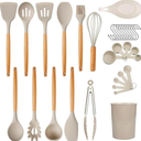 Cooking Utensil Set - Non-Stick Silicone Kitchen Utensil Kit with Wooden Handle, Slotted Spatula, Spoons, Ladle, and Measuring Spoons, Basting Brush, Egg Beater, Tongs. Khaki.