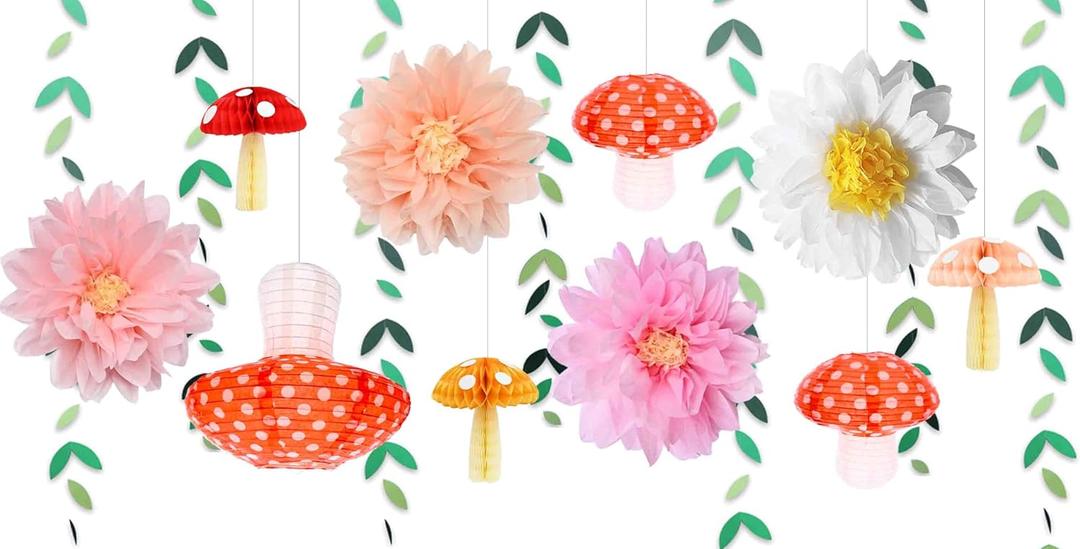 Mushroom Party Decorations for Fairy First Birthday Baby Shower Tea Party Enchanted Forest Cottagecore Decor Red Mushroom Lanterns Honeycomb Balls Pink Daisy Flowers Leaf Garland