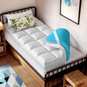 Dual Layer Memory Foam Mattress Topper for Pain Relief with 2X Support, 2" Fluffy Pillow Top Twin Mattress Topper Plus 2" Odor-Free Cooling Gel Memory Foam Ultra Comfort Mattress Pad Cover
