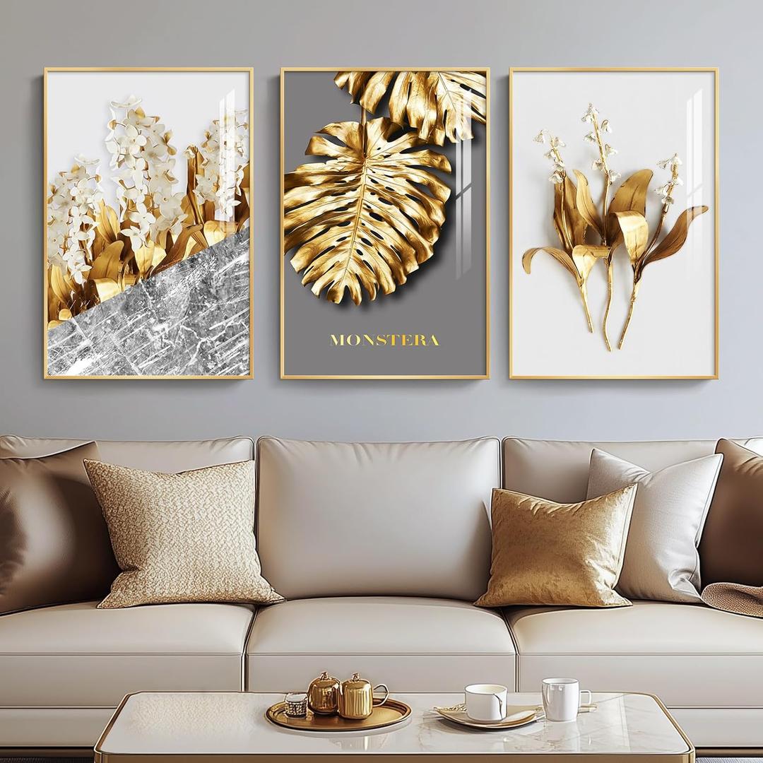 Framed Modern Luxury Gold Wall Art, Set of 3 Piece Contemporary Paintings Artwork for Walls, Golden Leaf Prints with Gold Frame, Pictures for Living Room, Hallway, Bedroom, Office Wall Decor 16x24 Inch