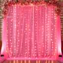 10ft x 10ft Hot Pink Tulle Photo Backdrop Curtain with Lights String for Parties Wedding Sheer Fuchsia Curtain Backdrop for Birthday Party Bridal Shower Photo Booth Photography Background Decorations