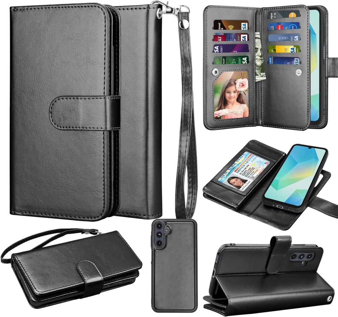 Takfox Wallet Case for Samsung Galaxy A16 5G, Galaxy A16 5G Case, PU Leather Credit Card Holder Case [9 Card Slots] Folio Flip Detachable Magnetic Cover Kickstand & Lanyard-Black