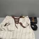 HiiFeuer Medieval Stripe Loose Tunic Top, with Vintage Belt and Bag, Renaissance Knight Lace Up Shirt, Viking Pirate Costume, XXL