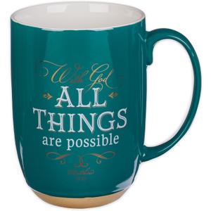 Christian Art Gifts Green Clay Base Ceramic Coffee Mug 15 oz. Lead and Cadmium-free Inspirational Scripture Coffee & Tea Mug for Men and Women with Bible Verse: All Things are PossibleMatthew 19:26