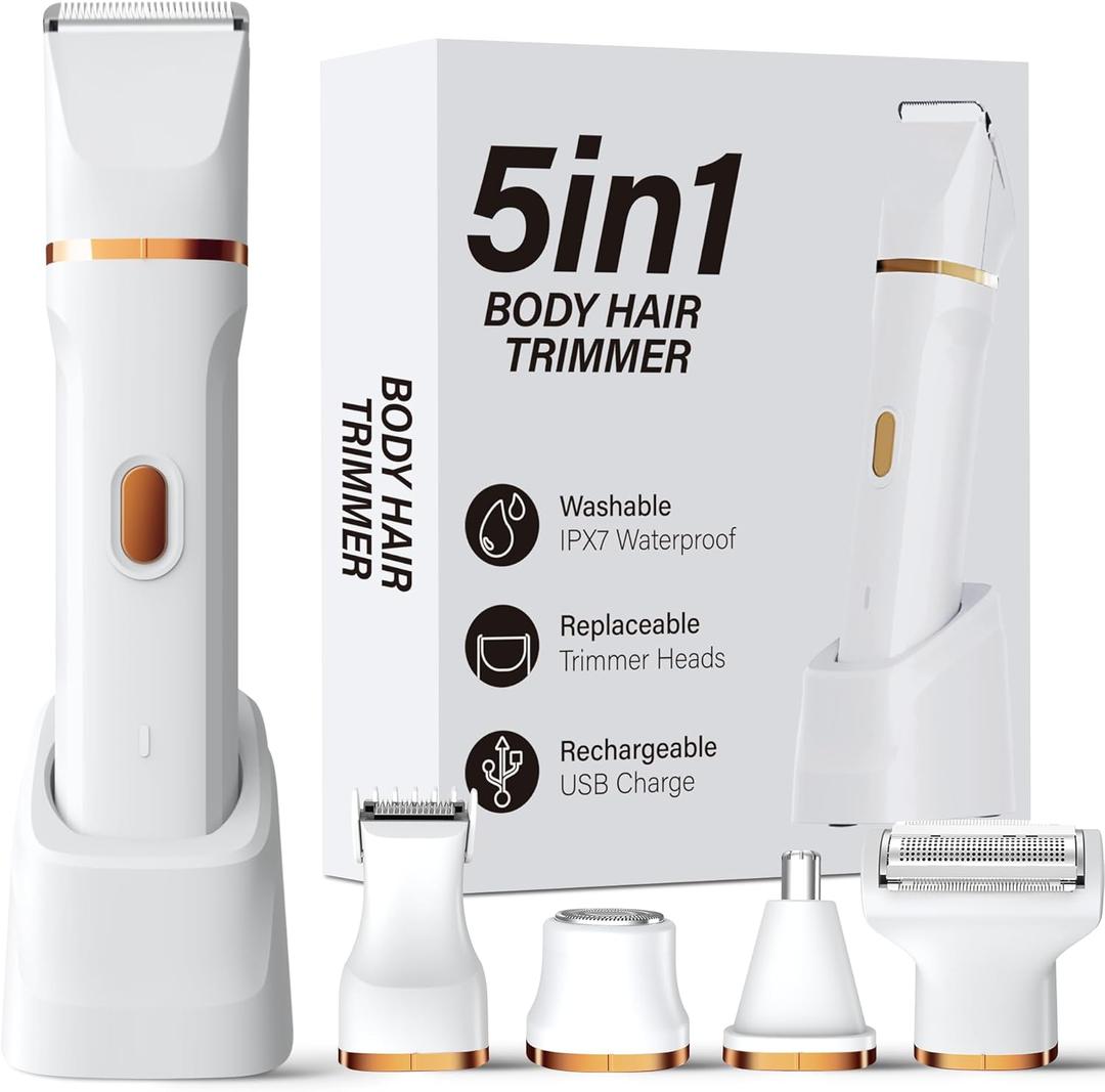 KINGTEE 5-in-1 Electric Bikini Trimmer for Women IPX7 Waterproof Shaver, Cordless Body & Facial Razors for Women, Ceramic Blades, USB-C Rechargeable, Painless Hair Removal Kit (White)