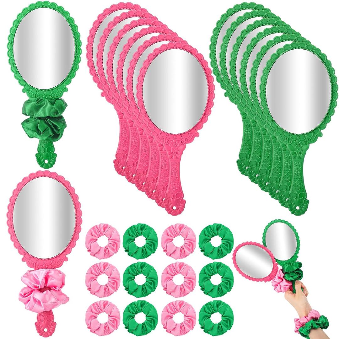 Qunclay 24 Pcs Pink and Green Witch Party Favors Pink & Green Handheld Mirrors with Hair Scrunchie Witch Merch Accessories Theme Birthday Party Decorations Gifts for Women BFF Movie Night Couples