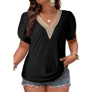 Eytino Womens Plus Size Tops Lace V Neck Petal Short Sleeve Blouse Eyelet Hollow Dressy Casual T Shirts 2X
